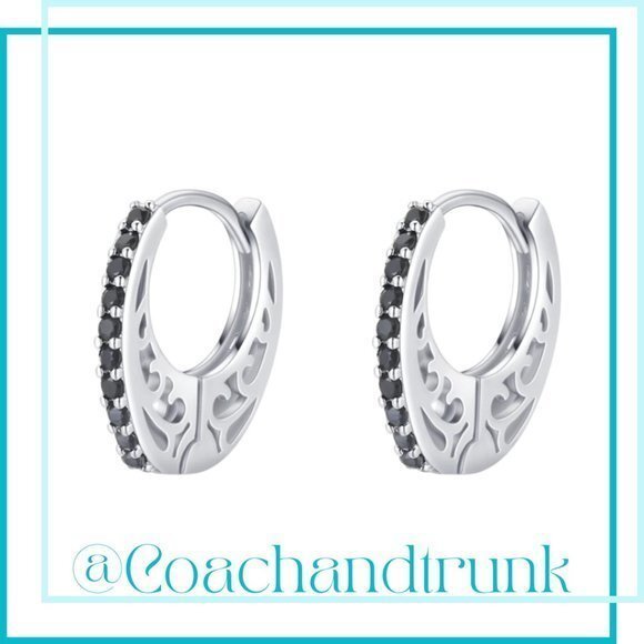 Silver Channel Set Black Spinel Oval Hoop Hinged Style Earrings Filigree Sides - Picture 1 of 4